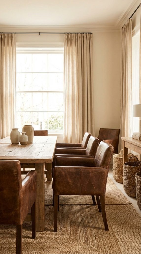 A textured dining room idea featuring cognac full-grain leather chairs, reclaimed wood dining table, woven jute rug, linen curtains, and braided seagrass baskets.