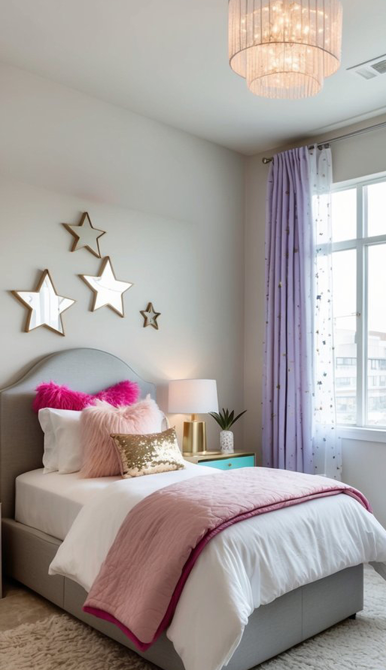 A cozy bedroom featuring a bed with a pink and white quilt, fluffy pink pillows, and a decorative gold sequin pillow. The wall above the bed is adorned with three star-shaped mirrors. A bedside table with a white lamp and a small potted plant sits next to the bed, while sheer purple curtains drape over a window, allowing natural light to filter in.