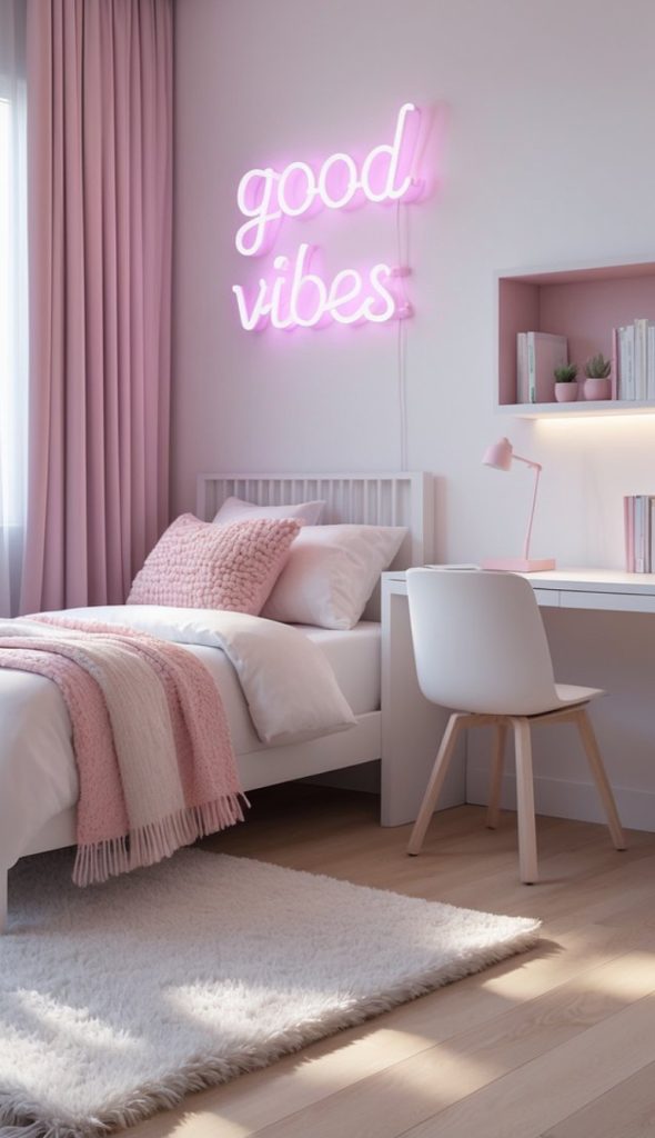 A cozy bedroom featuring a white bed with pink bedding and pillows, a fluffy white rug on the wooden floor, a small desk with a white chair, and a pink wall shelf holding books and plants. A neon sign above the bed says 'good vibes' in pink.