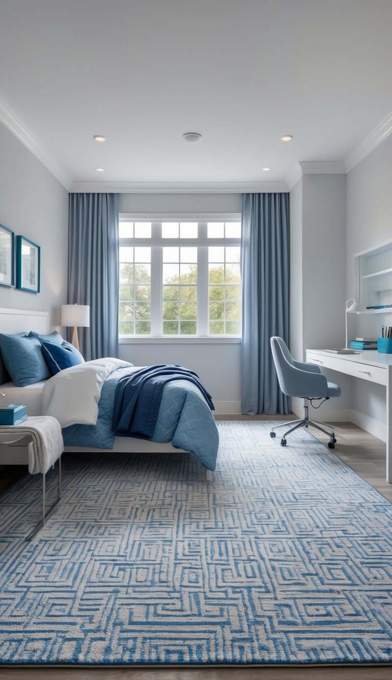 A modern bedroom featuring a blue and white color scheme; a neatly made bed with blue bedding, a small nightstand with a lamp, and a large window dressed in light blue curtains. A writing desk with a gray chair is positioned against the wall, and a patterned blue area rug covers the floor.