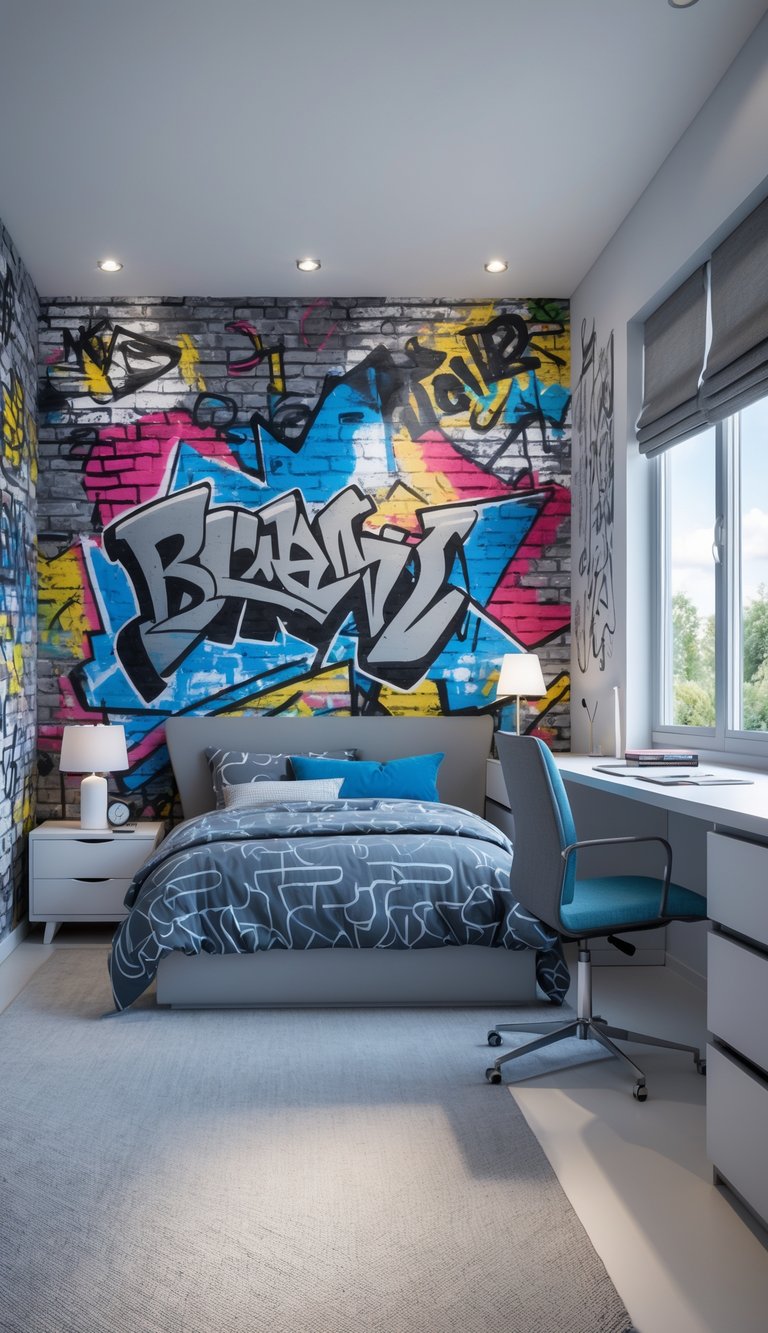 A modern bedroom featuring a graffiti-style accent wall in vibrant colors. The room has a neatly made bed with a gray comforter, a nightstand with a lamp and clock, and a stylish desk with a chair. Bright natural light comes through a large window.