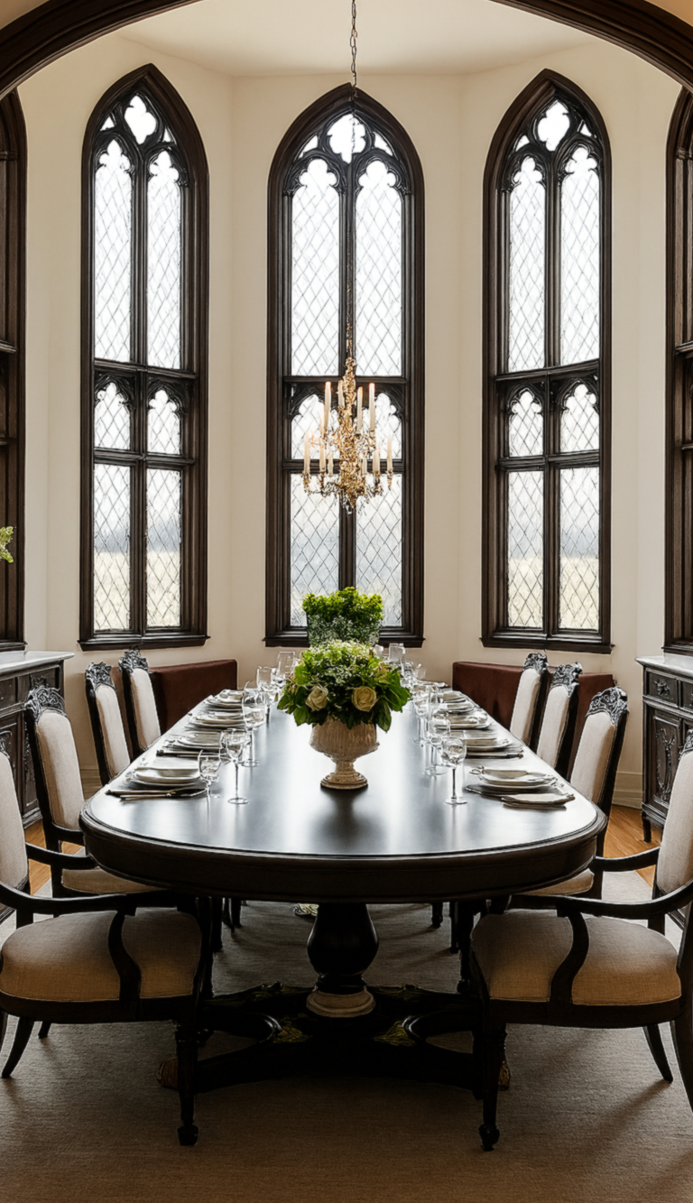 A spacious dining room featuring a large, oval wooden table set with silverware and glassware. The room is illuminated by an ornate chandelier and has tall, arched windows with decorative glass panes. A vibrant floral arrangement is placed in a vase at the center of the table, and plush, upholstered chairs surround it.
