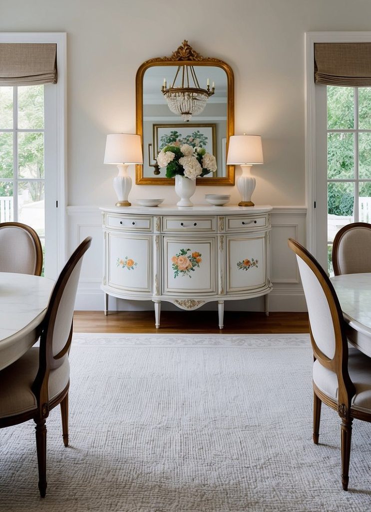A dining room featuring a light-colored floral sideboard with orange and green accents, two lamps, and a large mirror above it. A chandelier hangs from the ceiling, and the room is complemented by a large rug and round dining table with upholstered chairs.