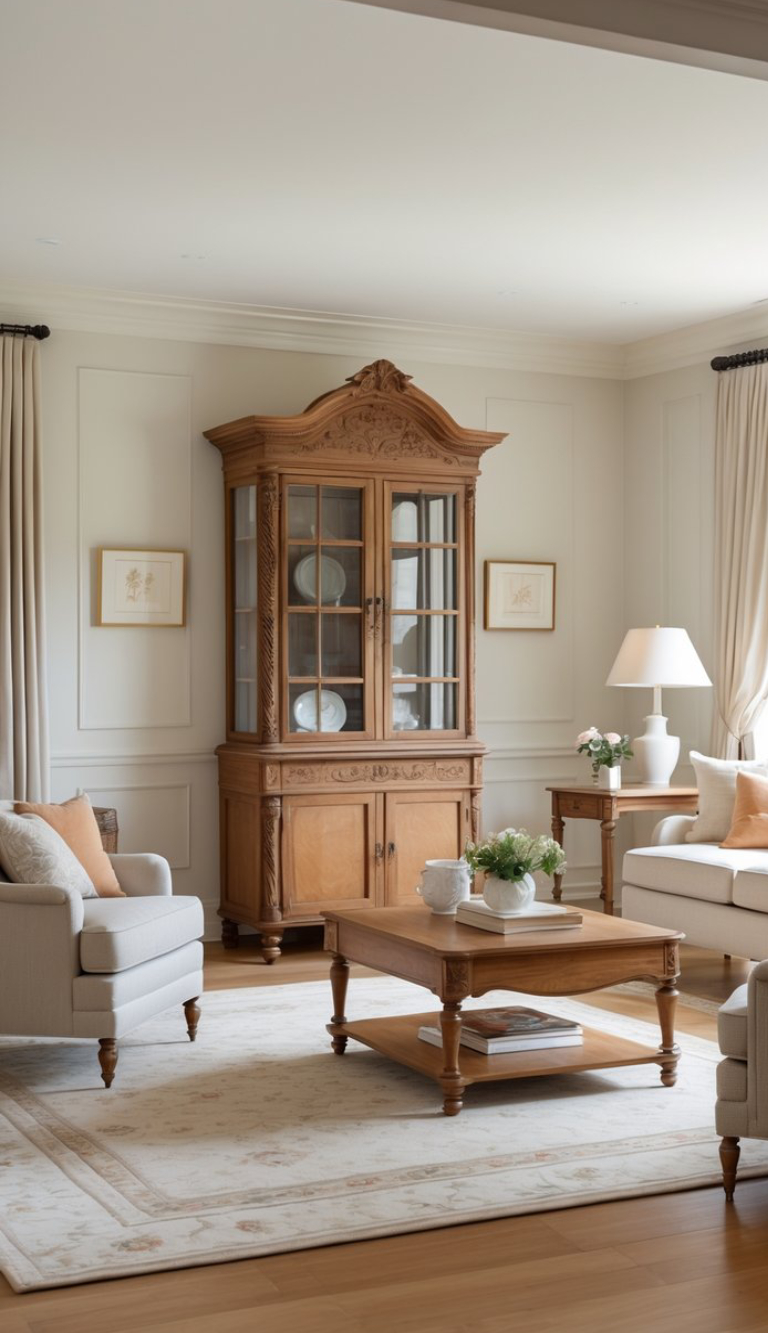 A cozy living room featuring a large wooden cabinet with glass doors displaying decorative plates, a light-colored carpet with floral patterns, a coffee table with books and a small vase of flowers, and two soft gray armchairs with orange cushions.