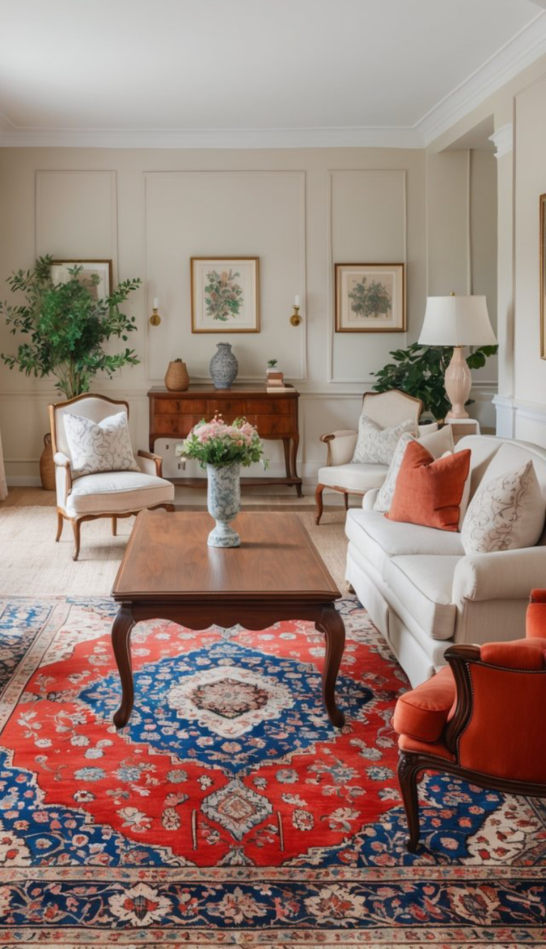 A cozy living room featuring two armchairs and a sofa adorned with decorative pillows, a wooden coffee table in the center, and an intricately patterned red and blue area rug. A console table against the wall holds a vase of flowers, with framed botanical prints and wall sconces adding a classic touch to the pale walls.