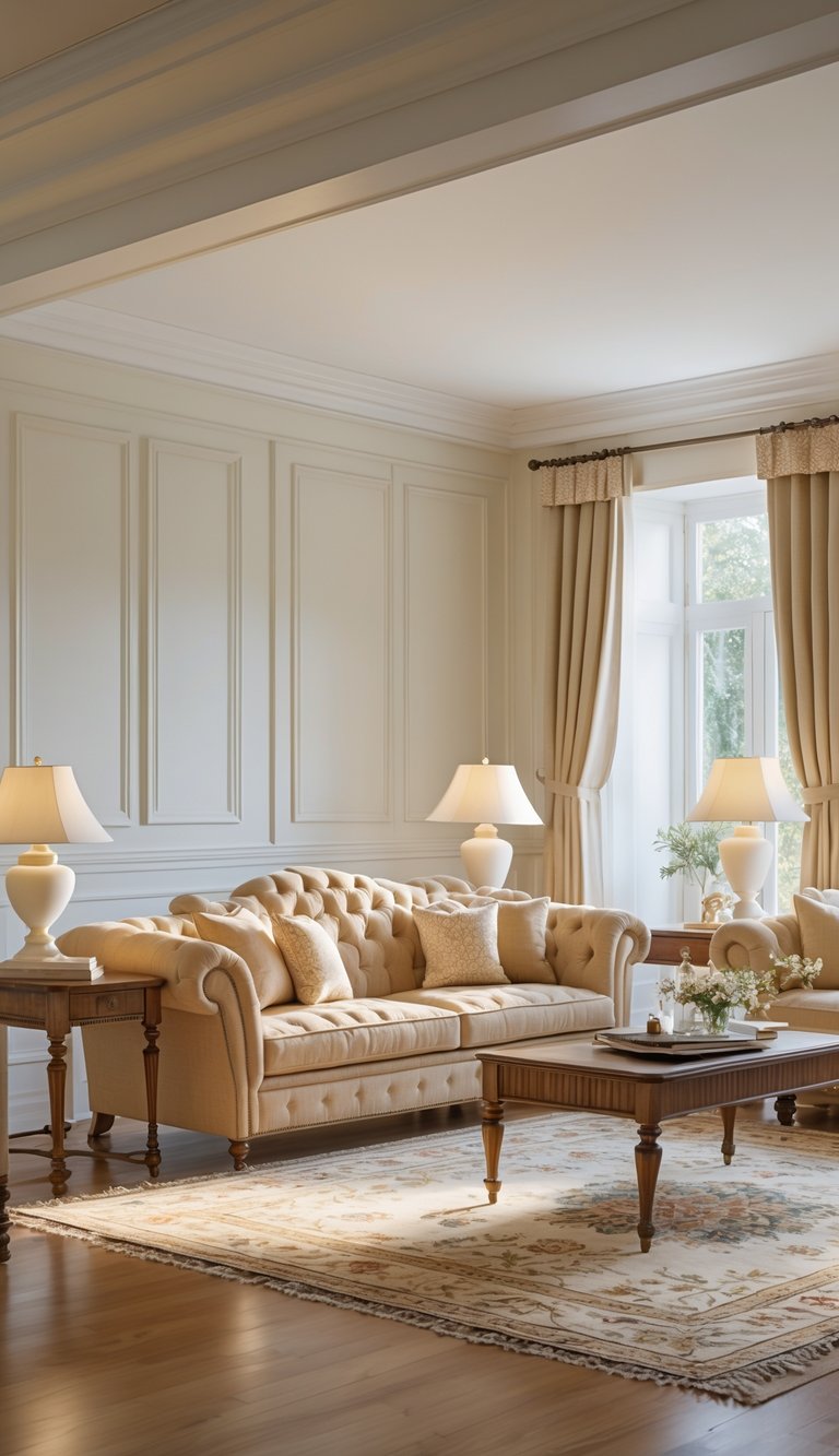 A light beige tufted sofa with decorative pillows sits in a well-lit, elegant room, complemented by matching lamps on wooden side tables and a floral area rug. Large windows with light curtains allow natural light to fill the space, enhancing the warm, inviting atmosphere.