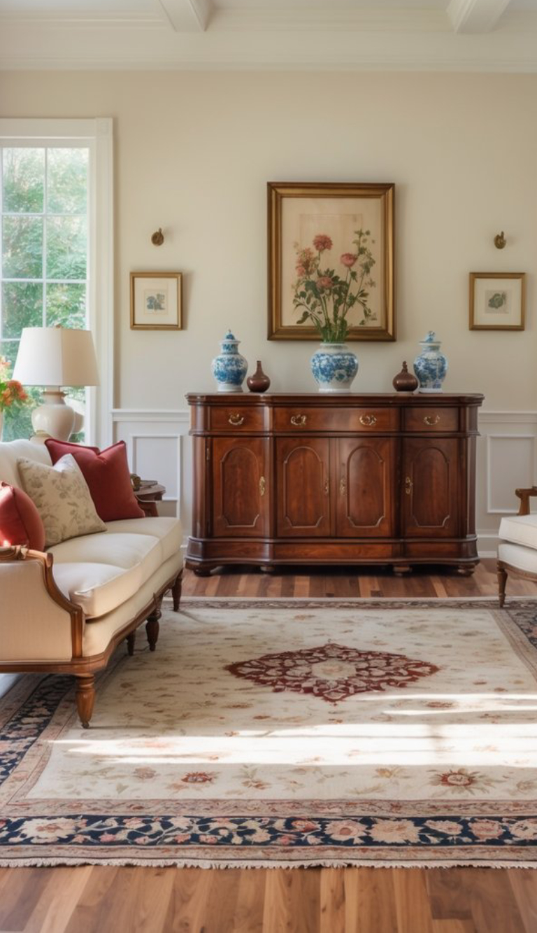 A cozy living room featuring a wooden sideboard with decorative vases and a floral arrangement above it, soft beige sofas with red accent pillows, a patterned area rug, and large windows allowing natural light to flood the space.