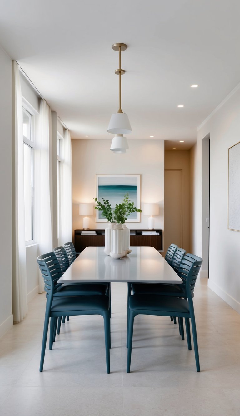 A set of stackable dining chairs arranged around a sleek, modern dining table in a clean and contemporary dining room