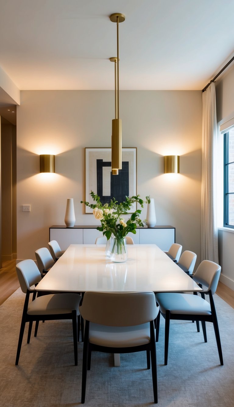 A sleek, modern dining room with brass wall sconces casting a warm glow over a clean-lined table and chairs