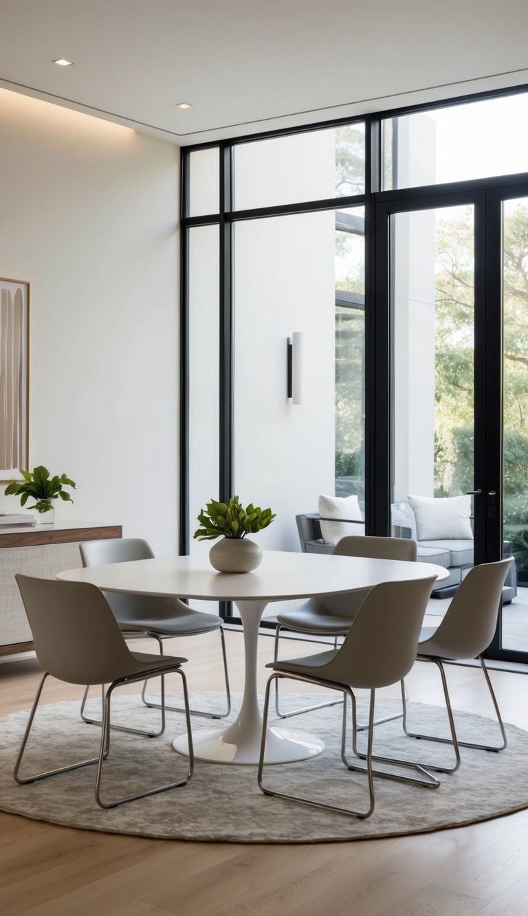 A dining table with sleek chairs, minimal decor, and natural light streaming in through large windows