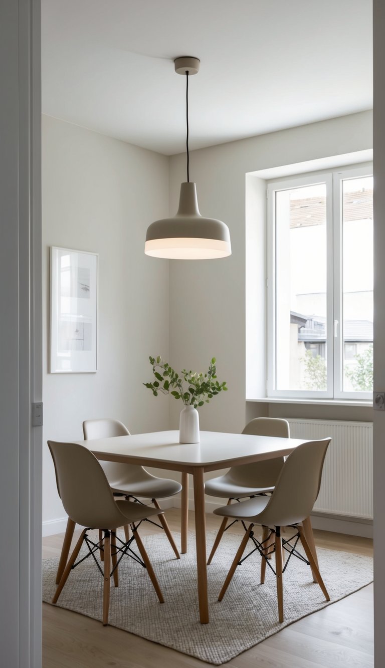 A simple dining room with a Scandinavian pendant light hanging above a minimalist table and chairs