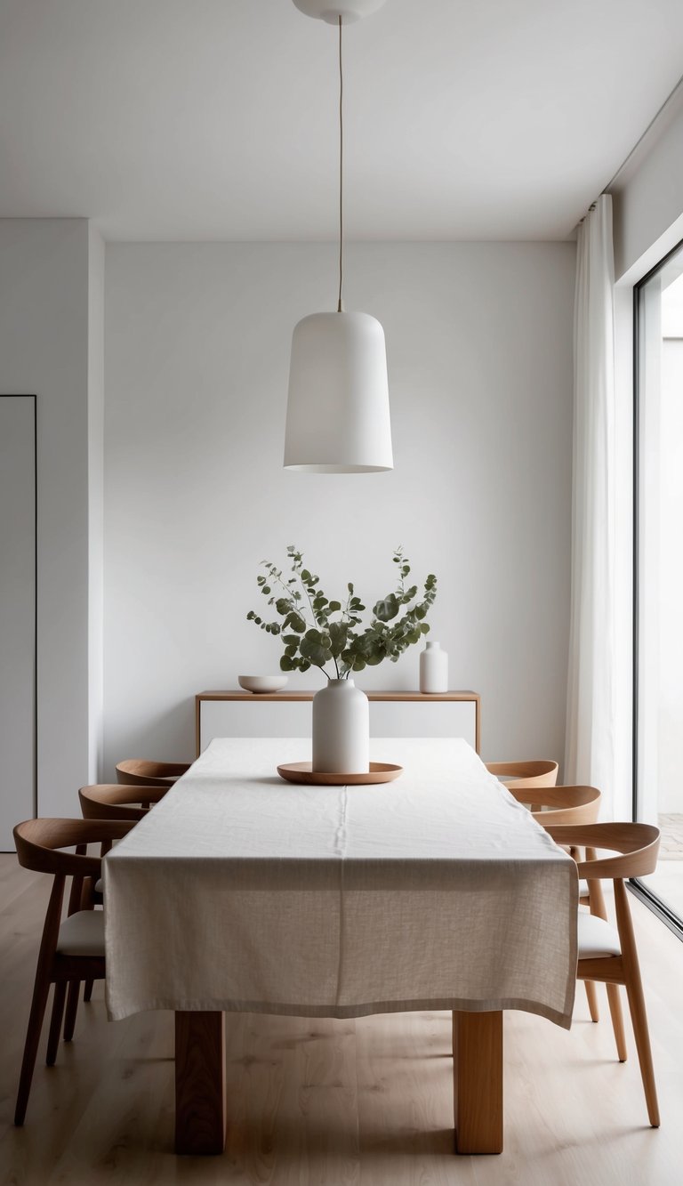 A simple linen tablecloth on a wooden table in a minimalist dining room with clean lines and natural light