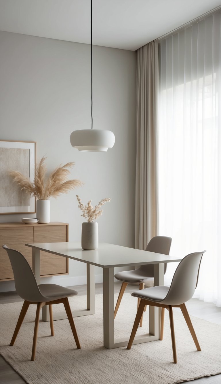 A simple dining room with a minimalist table and chairs, clean lines, and neutral colors