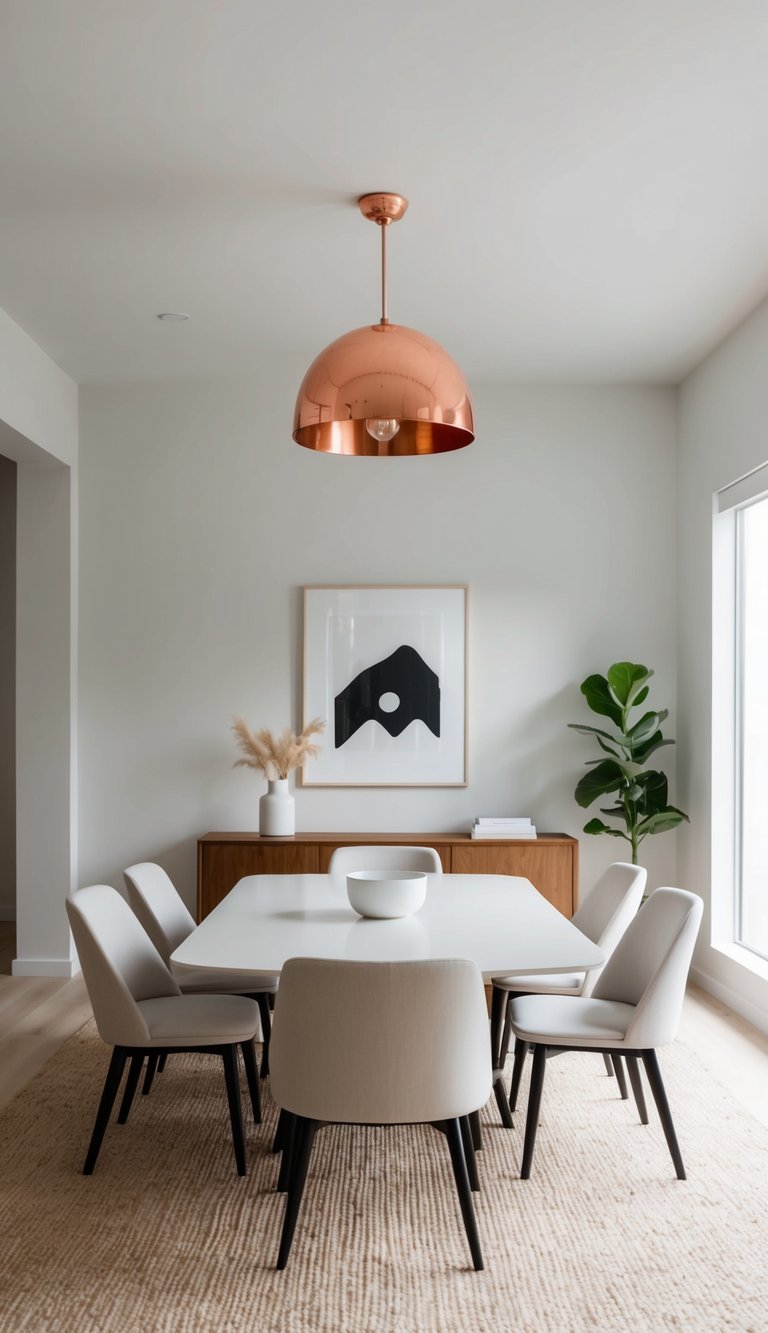 A minimalist dining room with a copper ceiling light fixture as the focal point, featuring clean furniture and simple decor for effortless style