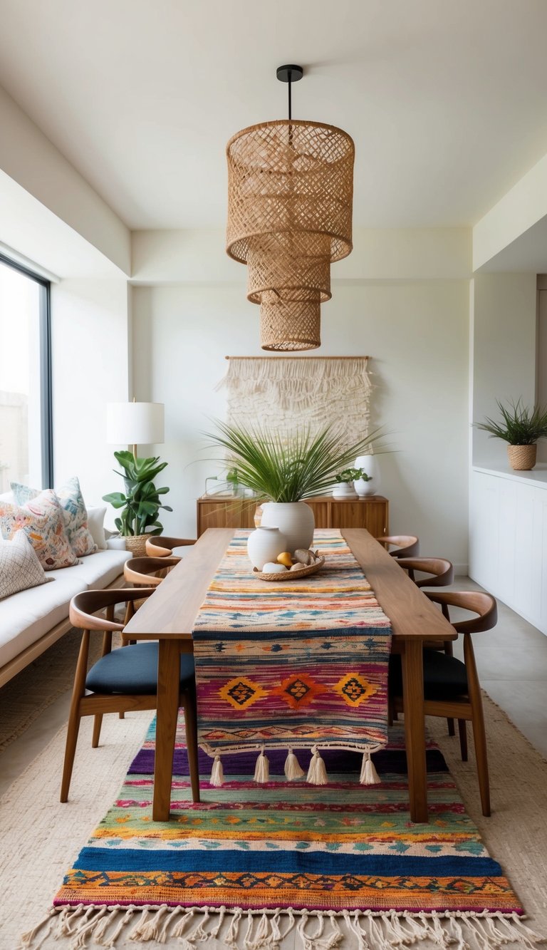 A colorful Kilim rug lies beneath a bohemian dining table adorned with an array of eclectic patterns and natural elements