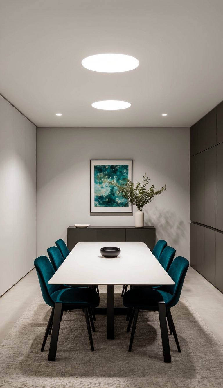 A minimalist dining room with LED spot ceiling lights casting a soft glow on a clean, uncluttered space