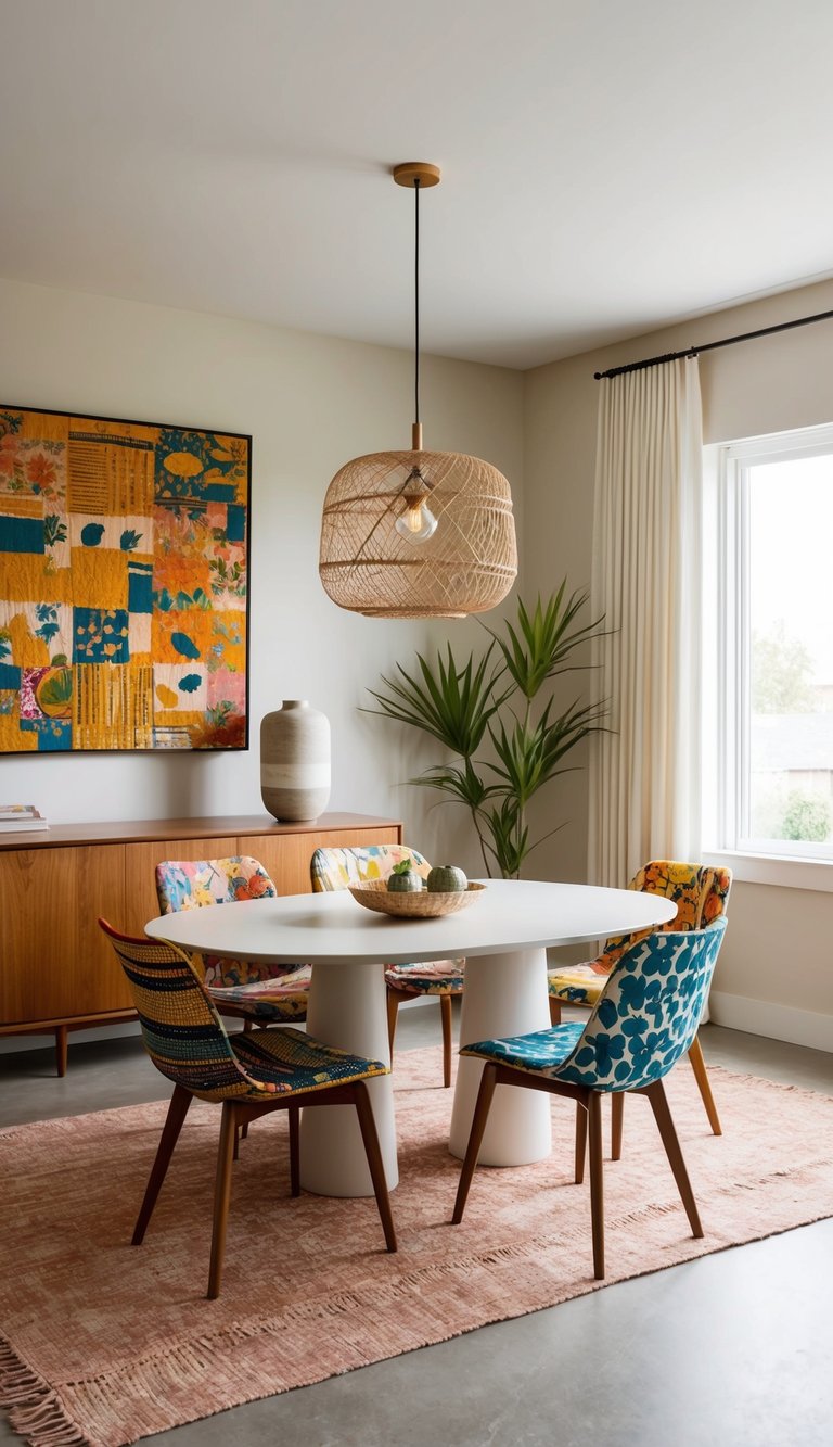 A dining room with vibrant, mismatched patterns, natural elements, and a free-spirited vibe