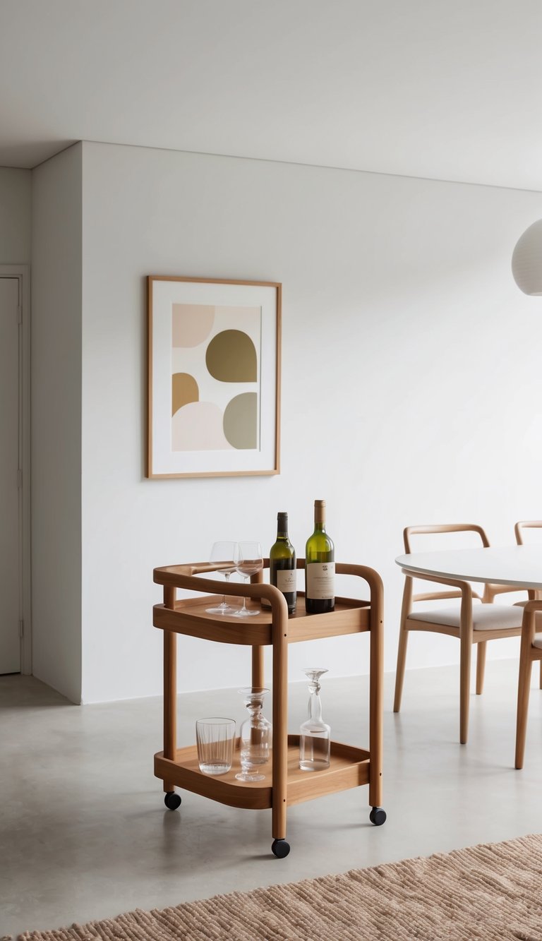 A teak bar cart sits in a minimalist dining room, with clean furniture and effortless style