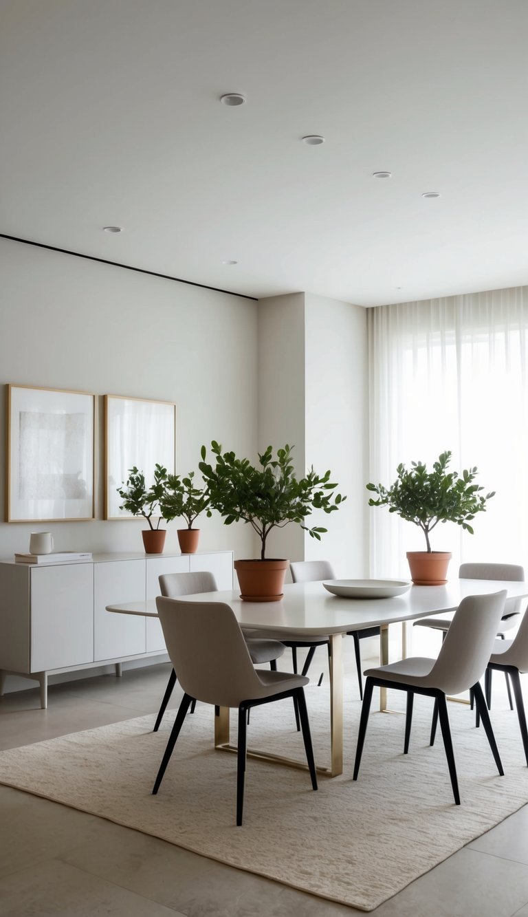 A dining room with minimalist decor featuring accent greenery in pots, clean furniture, and a focus on simplicity for effortless style