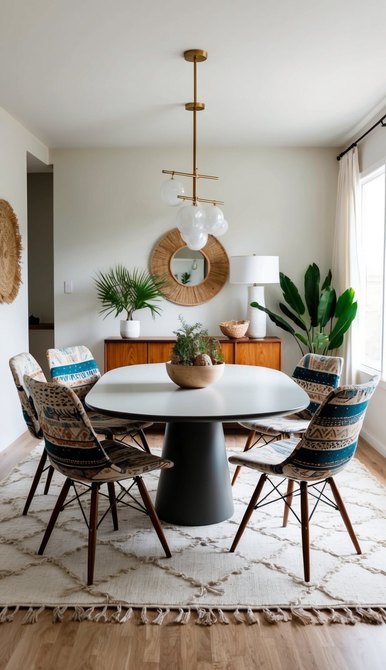 A mid-century modern table surrounded by boho dining chairs, adorned with eclectic patterns and natural elements, creating a free-spirited vibe