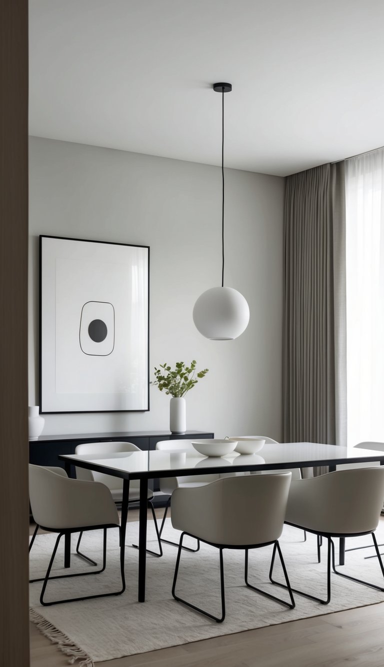 A sleek dining room with a minimalist print on the wall, featuring clean furniture and simple decor for effortless style