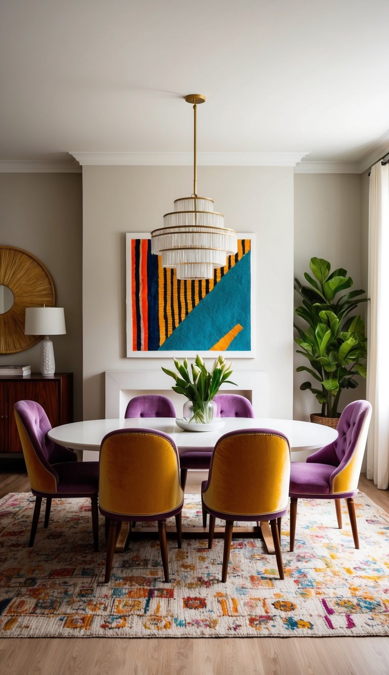 A cozy dining room with vintage velvet armchairs, eclectic patterns, and textures in bold, vibrant colors
