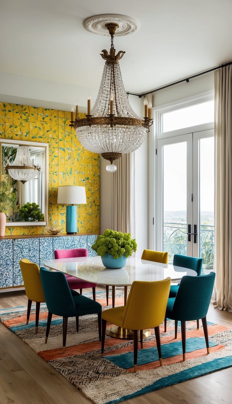 An antique chandelier hangs above a vibrant dining room, mixing patterns, textures, and deco elements for a bold and eclectic style