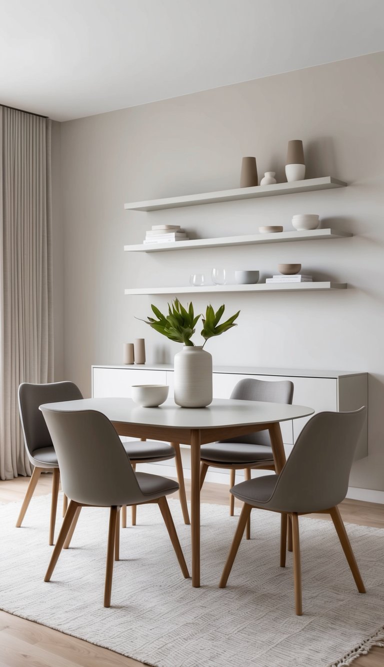 A dining room with minimalist wall shelves, clean furniture, and simple decor for effortless style