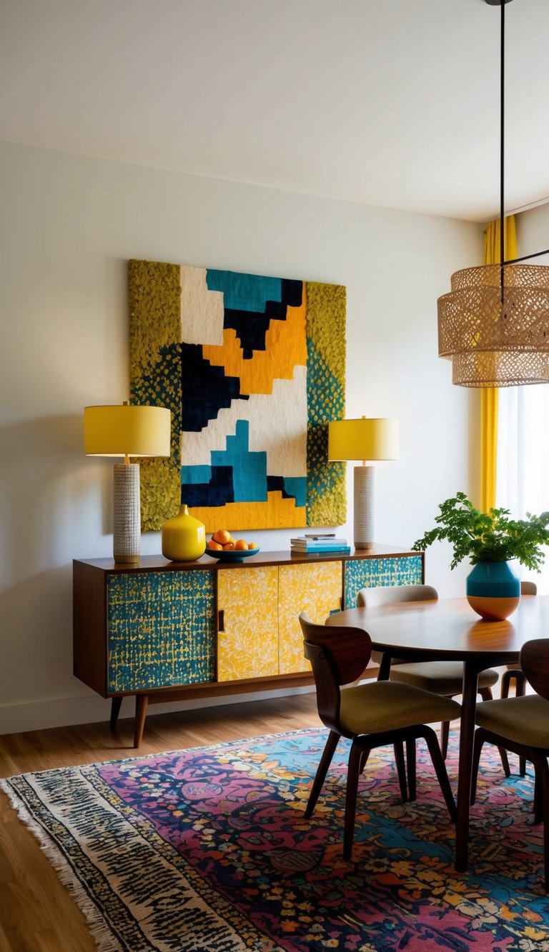 A mid-century modern sideboard stands in a vibrant dining room, adorned with eclectic patterns and textures, creating a bold and personalized style