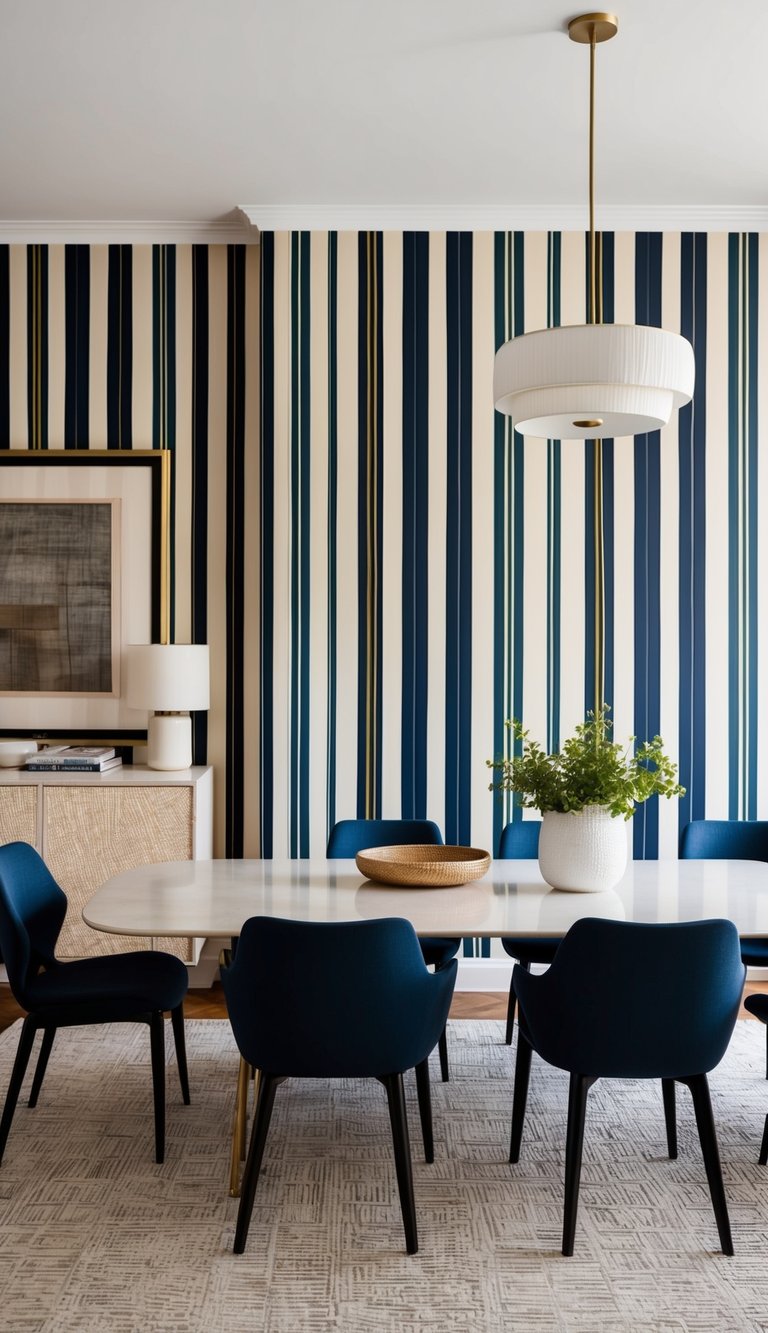 A dining room with bold striped wallpaper, eclectic mix of patterns, textures, and decor