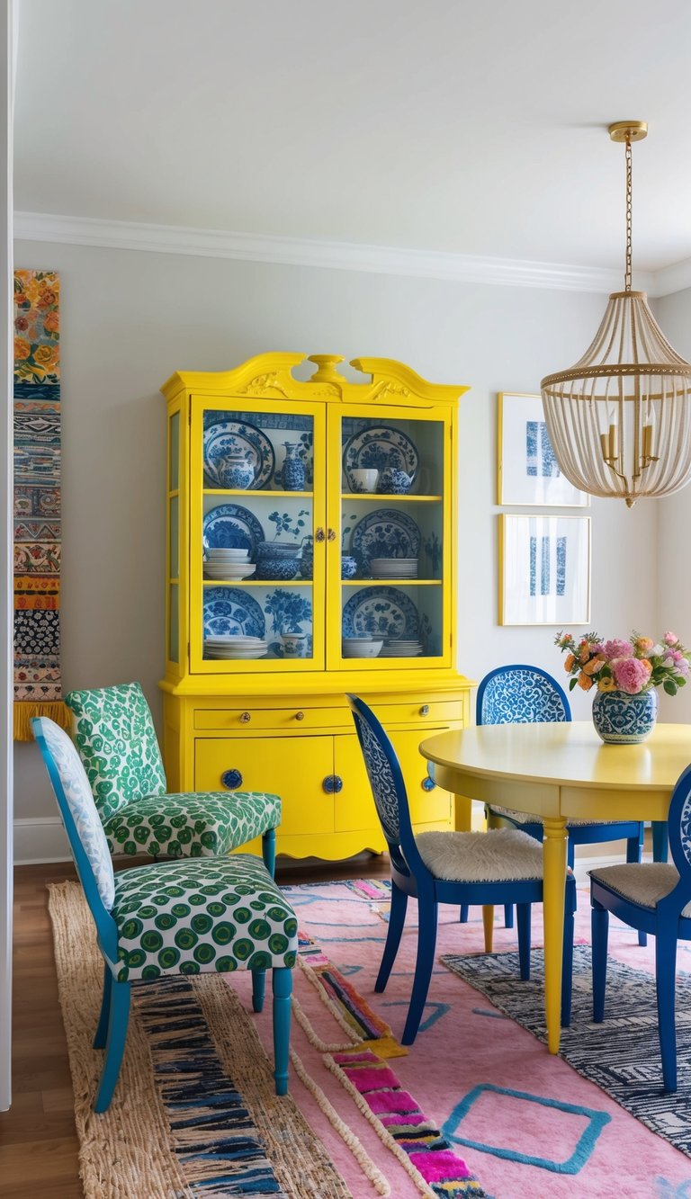 A brightly painted china cabinet stands in a vibrant dining room filled with eclectic patterns and textures
