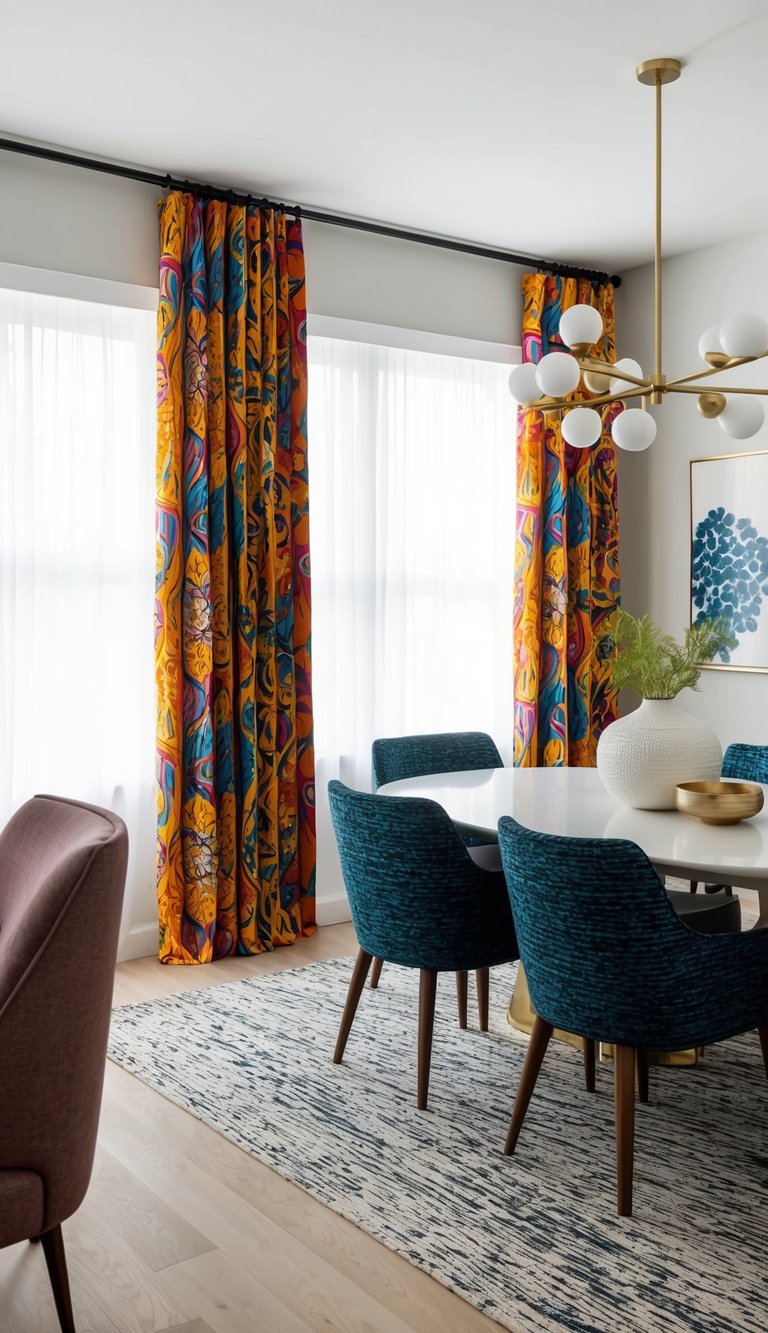 A dining room with a mix of vibrant patterned curtains, textured upholstery, and decorative elements creating a bold and eclectic atmosphere