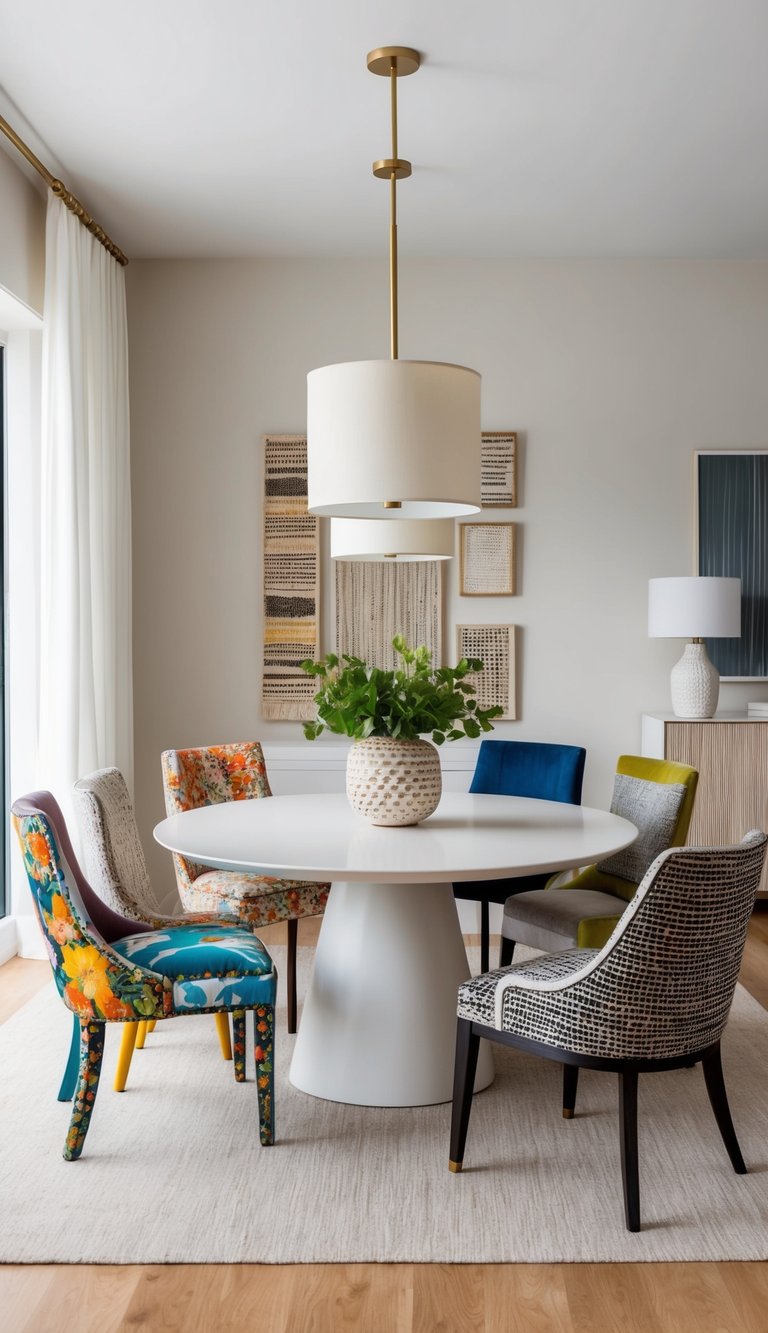 A dining room with a mix of eclectic chairs in various patterns, textures, and decorative styles