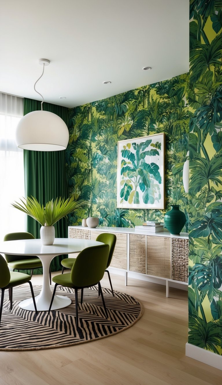 A vibrant jungle-themed wallpaper fills the dining room, blending with eclectic patterns and textures for a bold and personalized style