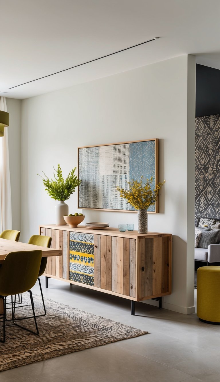 A reclaimed wood buffet adorned with eclectic decor, mixing patterns and textures in a bold dining room setting