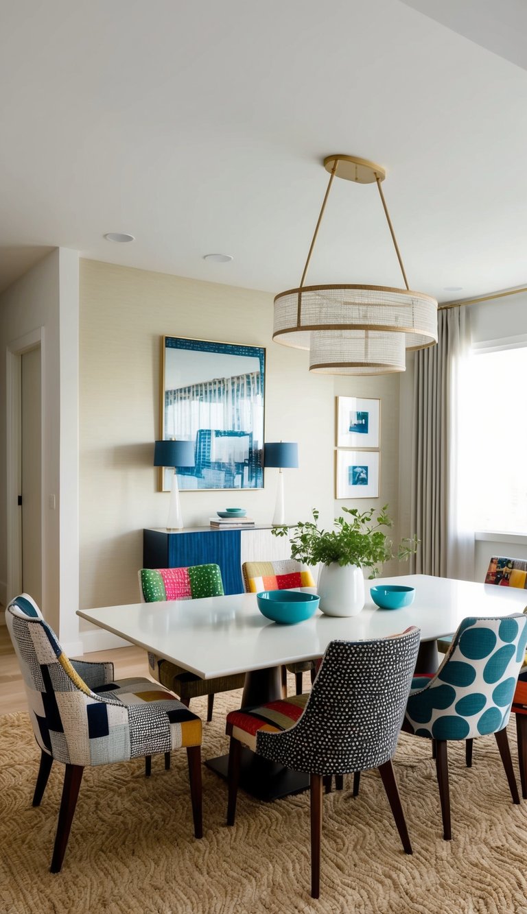 A dining room with patchwork upholstered seating, mixing patterns and textures for a bold and eclectic style