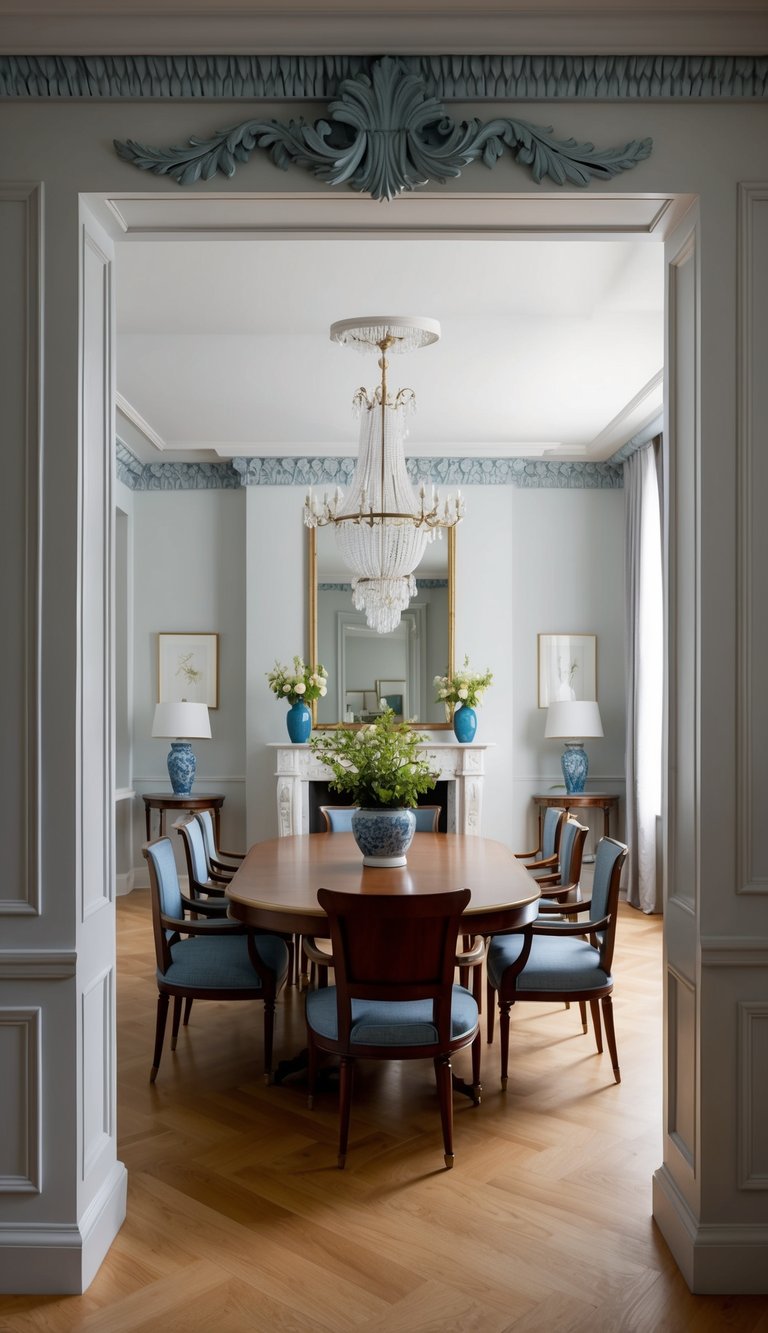 A traditional dining room with ornate acanthus leaf moldings, classic furniture, and elegant decor