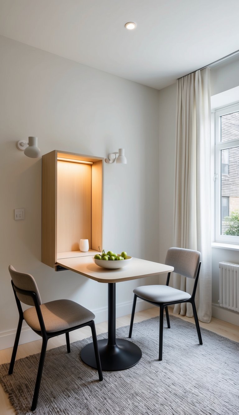 A wall-mounted fold-down table in a small dining room, surrounded by compact chairs and clever storage solutions