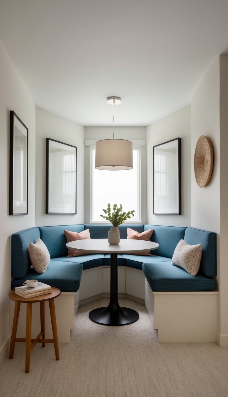 A corner bench with a table in a small dining room, surrounded by multi-functional furniture