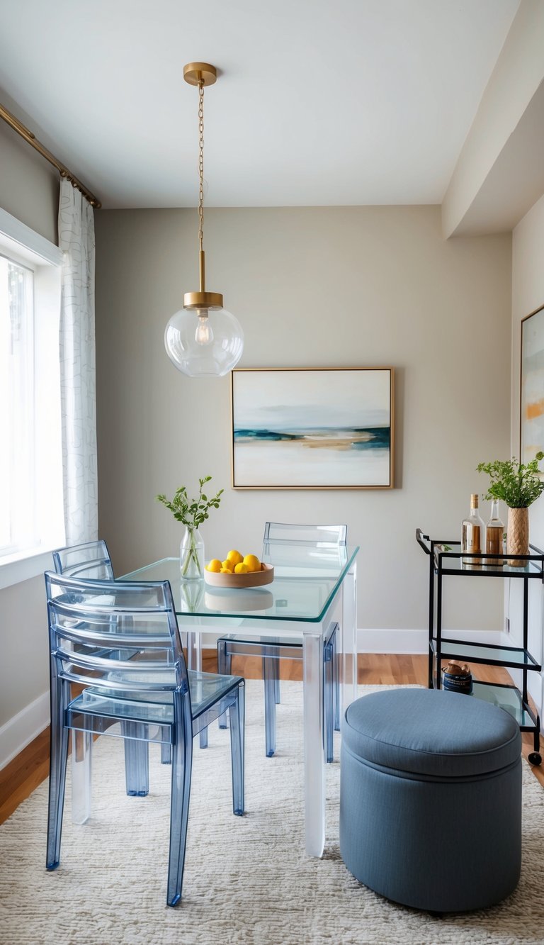 Transparent dining table with stackable chairs, a compact bar cart, and a storage ottoman in a small dining room
