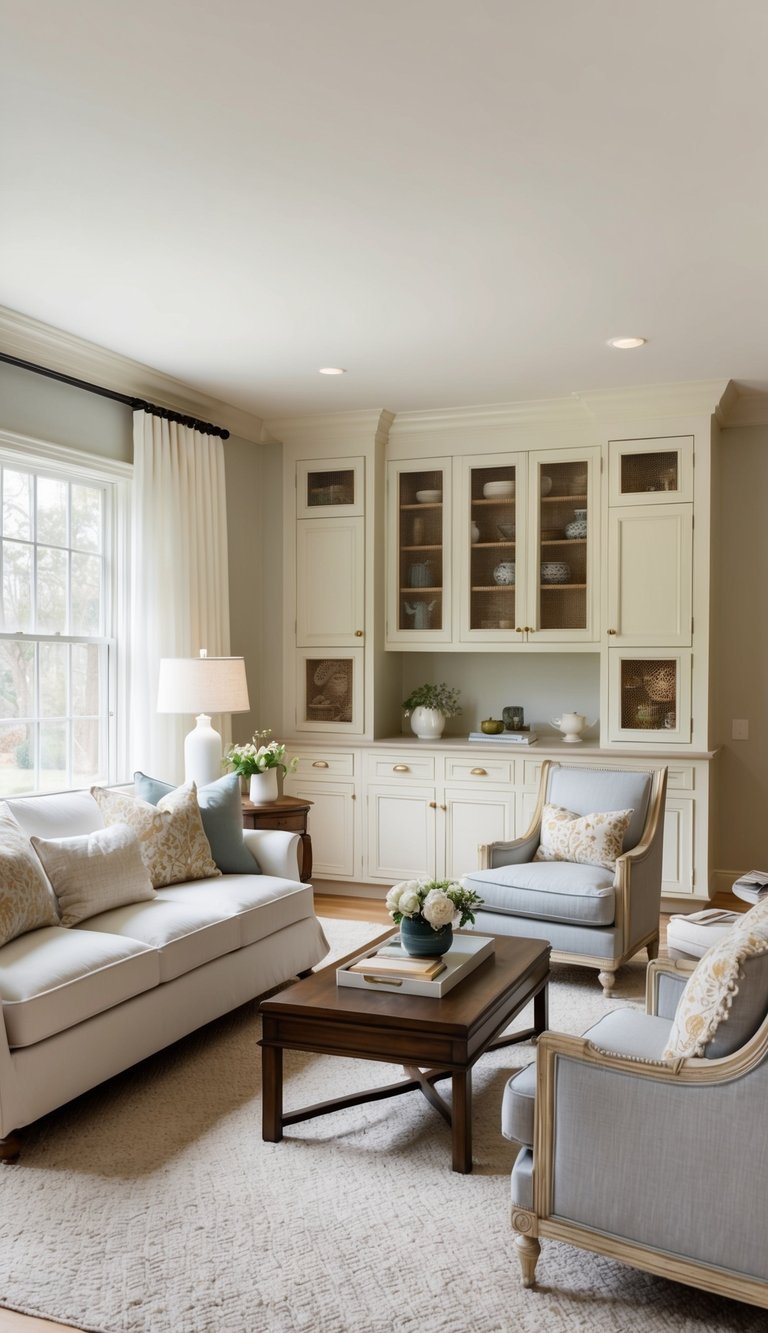 A cozy living room with colonial-style cabinets, traditional furniture, and elegant decor