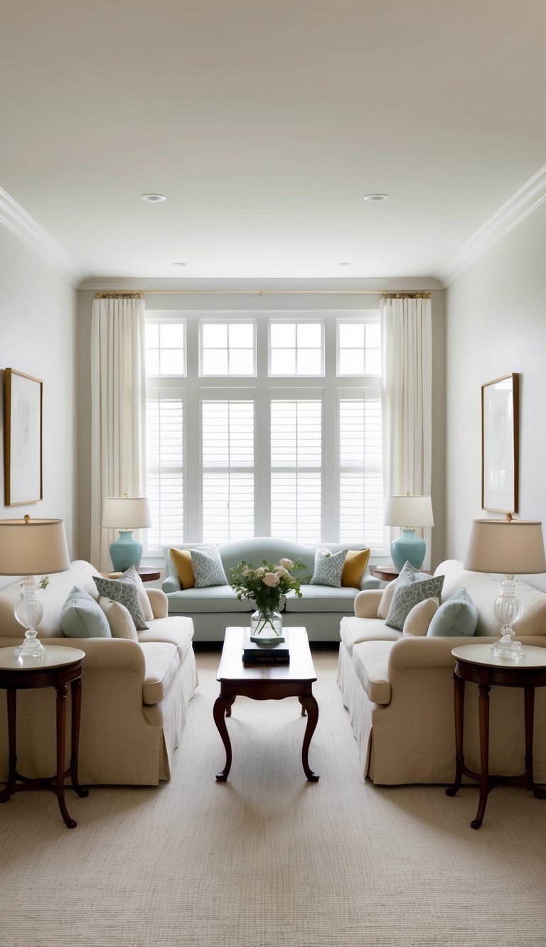 Two Queen Anne end tables flank a traditional sofa in a timeless living room
