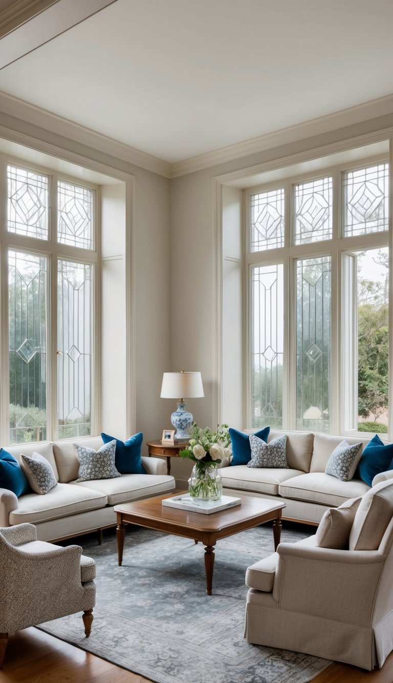 A traditional living room with beveled glass windows, classic furniture, and timeless elegance