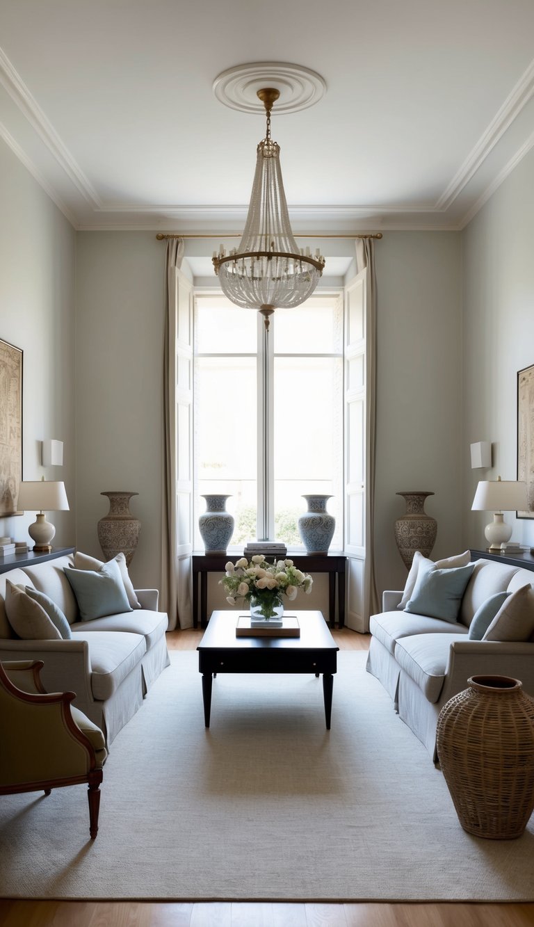 A traditional living room with Etruscan vases, classic furniture, and timeless elegance