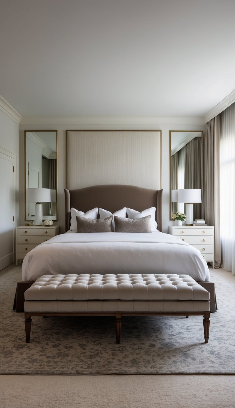 A luxurious upholstered bed bench sits at the foot of a grand, oversized bed in a spacious bedroom. Rich fabrics and elegant details exude comfort and luxury