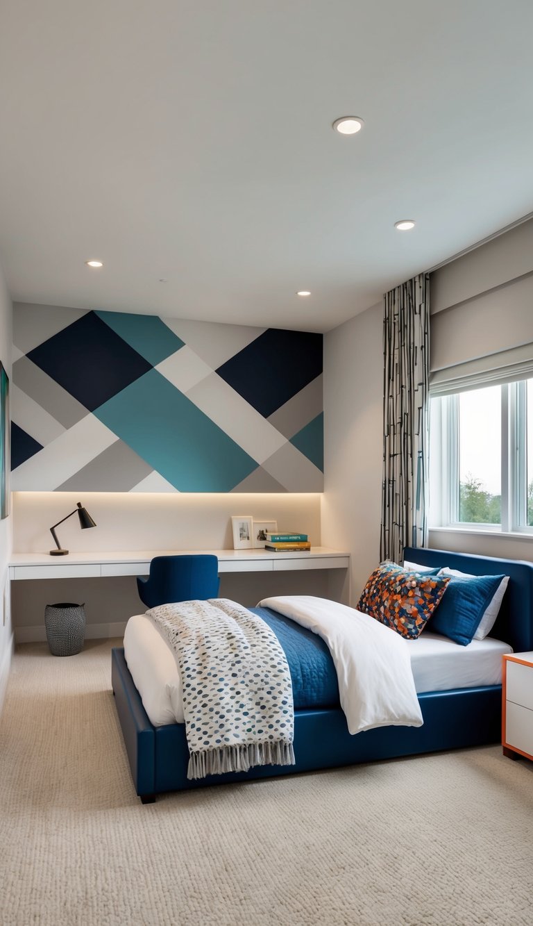 A modern teen bedroom with geometric wall decals, a sleek and functional layout