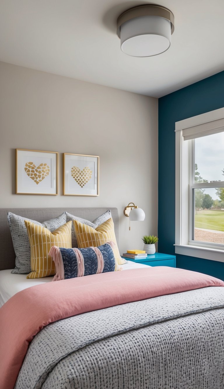 A cozy, modern teen bedroom with a stylish bed covered in customized throw pillows. Trendy decor and functional layout complete the scene