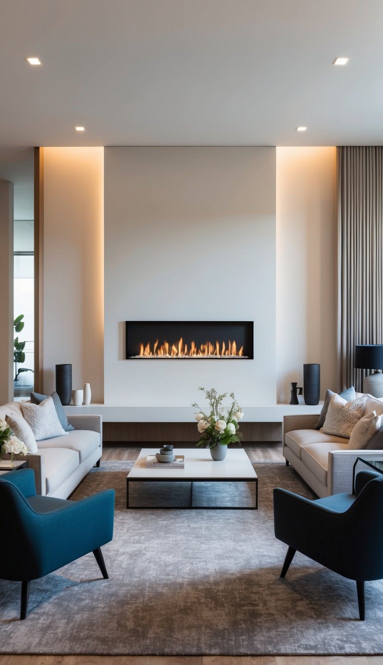 A modern living room with a sleek wall-mounted linear fireplace as the focal point, surrounded by contemporary furniture and decor