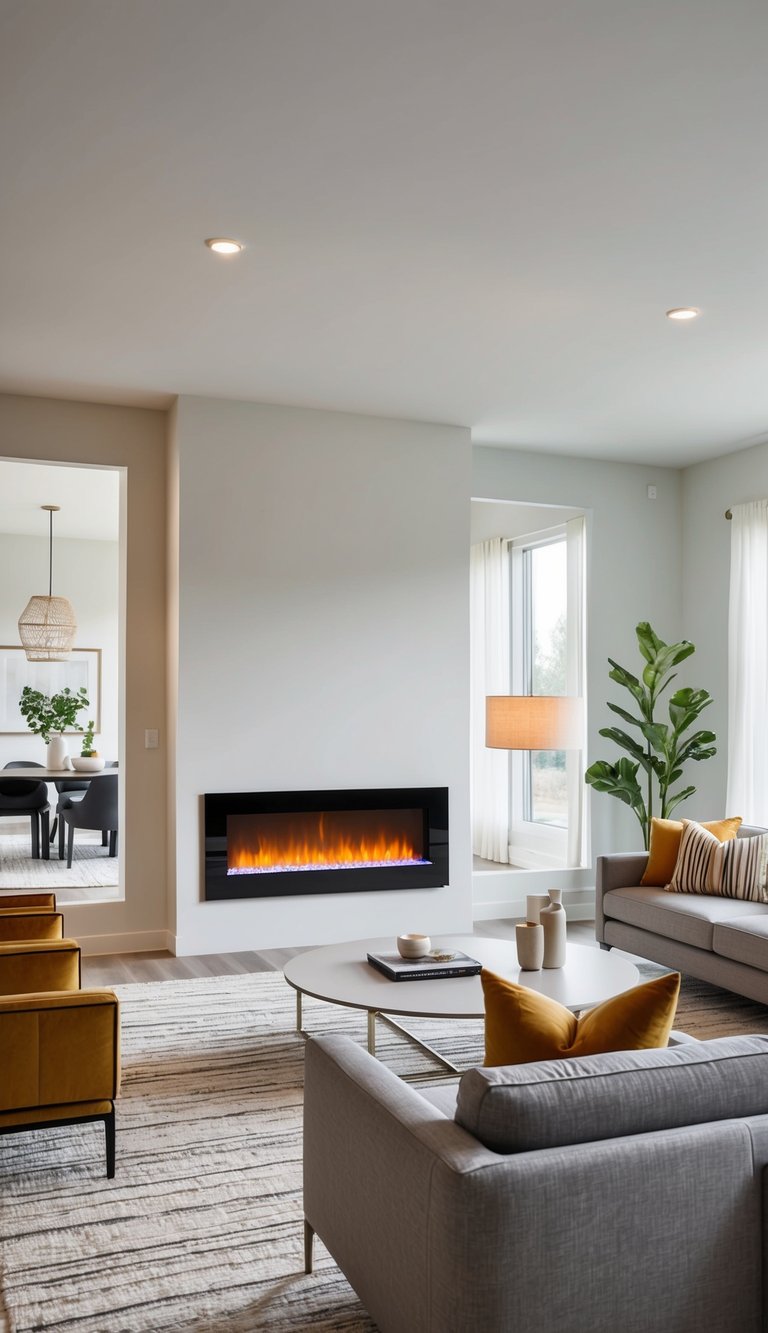 A modern living room with a sleek glass electric fireplace as the focal point, surrounded by contemporary furniture and decor