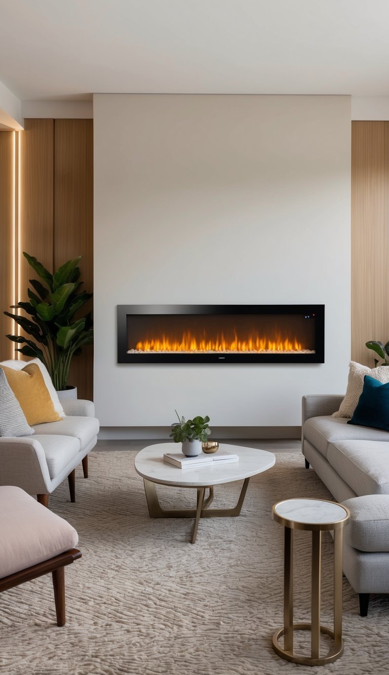 A modern living room with a sleek electric fireplace as the focal point, featuring a remote control and contemporary design